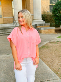 MINDY AIR FLOW WOVEN BUTTON SHIRT-BRIGHT PINK