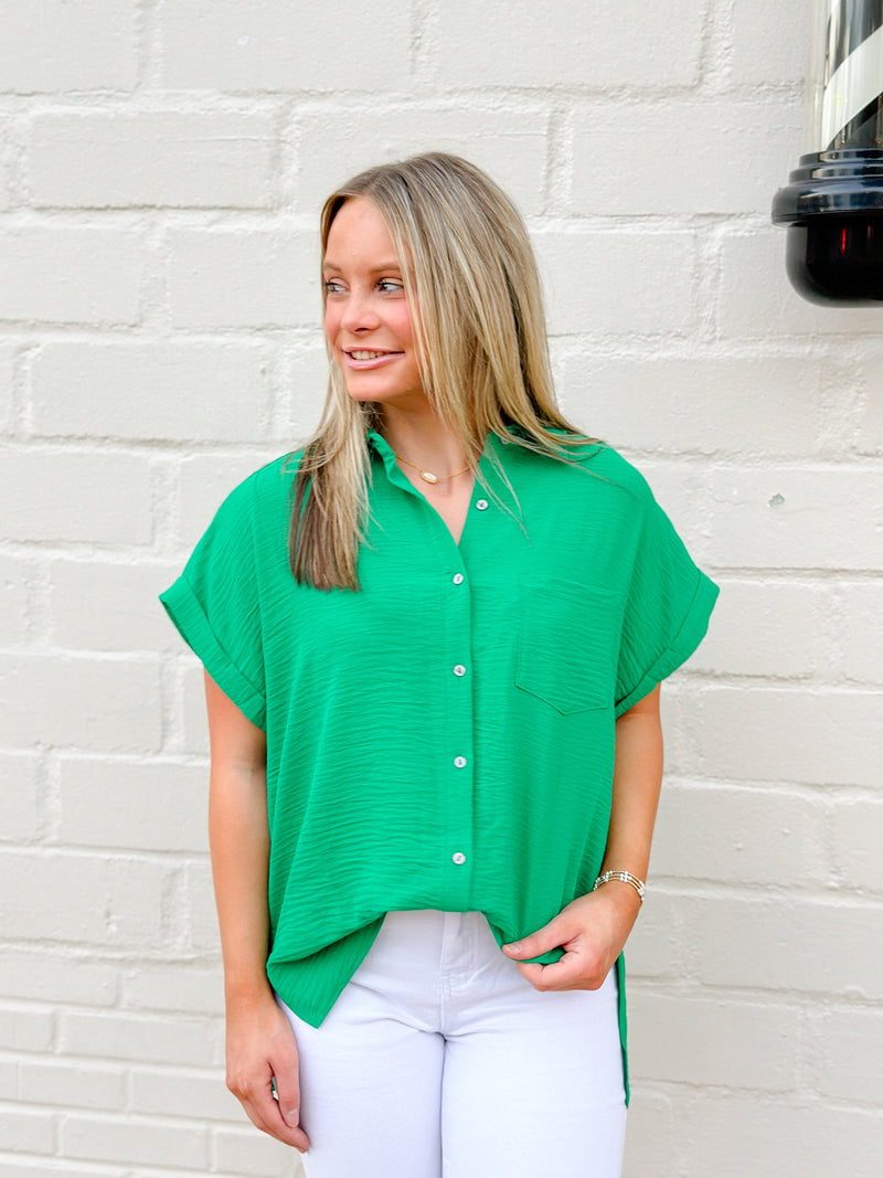 MINDY AIR FLOW WOVEN BUTTON SHIRT-KELLY GREEN