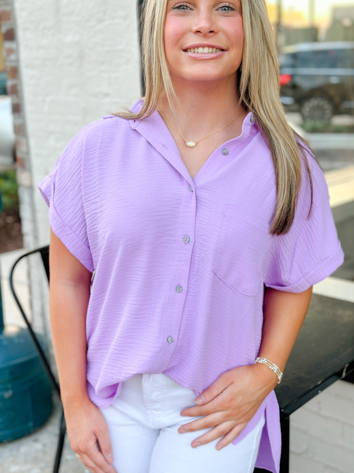 MINDY AIR FLOW WOVEN BUTTON SHIRT-LAVENDER