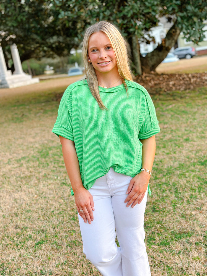 WRINLEY RIBBED SHORT SLEEVE ROUND NECK TOP-GREEN