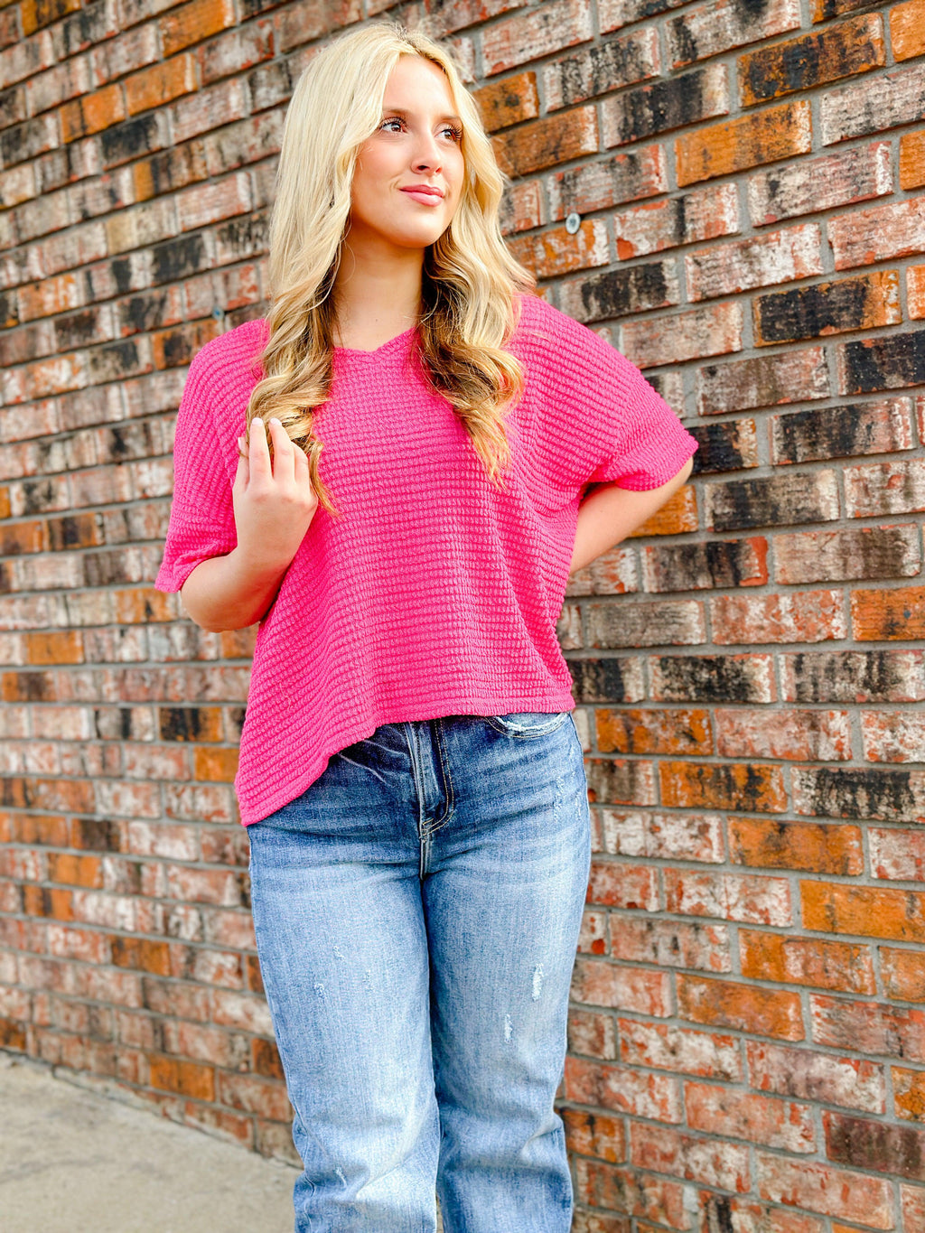 WILSON WAFFLE PRINT CROPPED TOP-HOT PINK