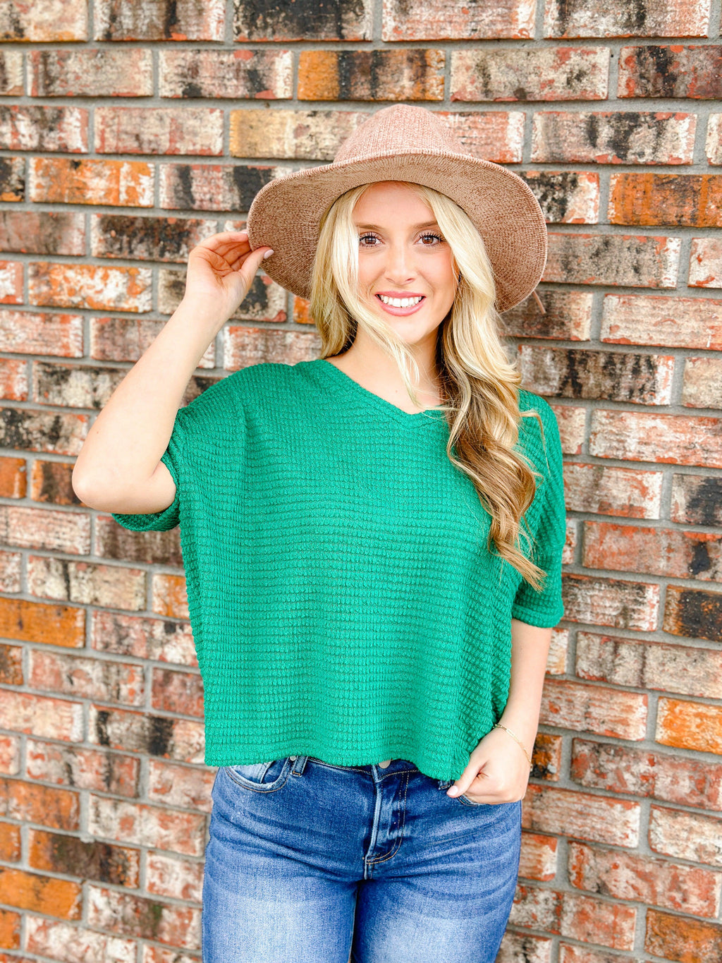 WILSON WAFFLE PRINT CROPPED TOP-KELLY GREEN