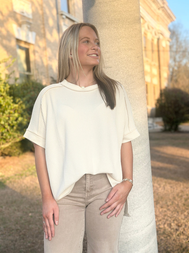 WRINLEY RIBBED SHORT SLEEVE ROUND NECK TOP-CREAM