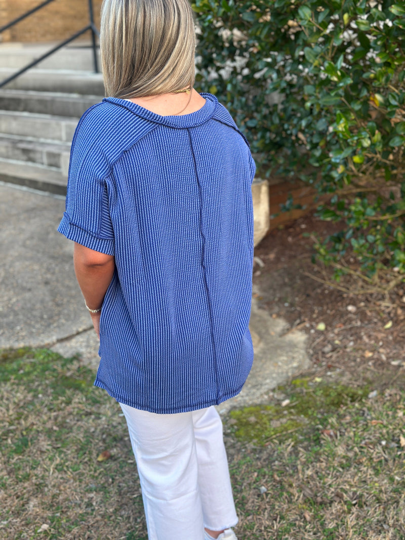 BAILEY RIBBED SHORT SLEEVE V-NECK TOP-CLASSIC BLUE