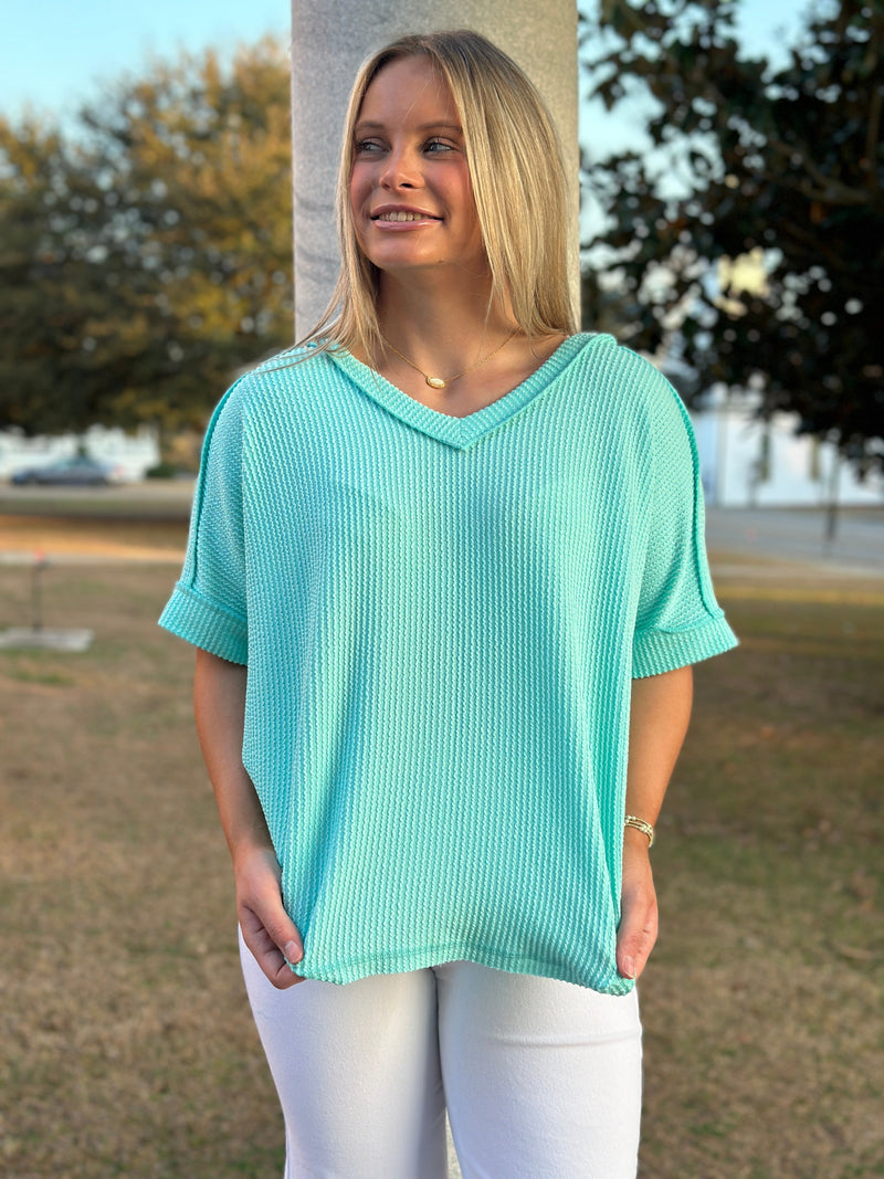 BAILEY RIBBED SHORT SLEEVE V-NECK TOP-MINT