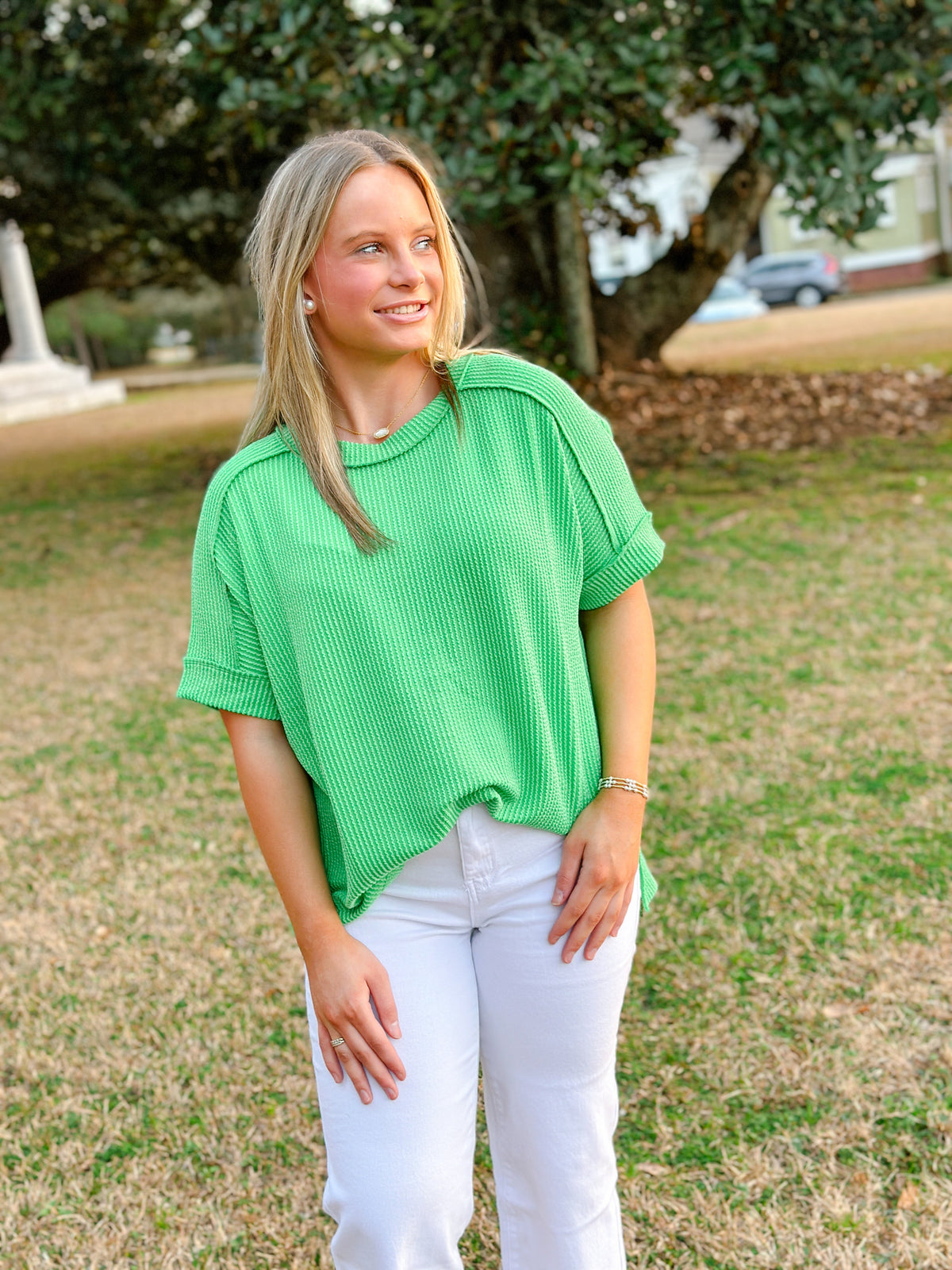 WRINLEY RIBBED SHORT SLEEVE ROUND NECK TOP-GREEN