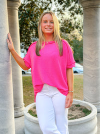 WRINLEY RIBBED SHORT SLEEVE ROUND NECK TOP-HOT PINK