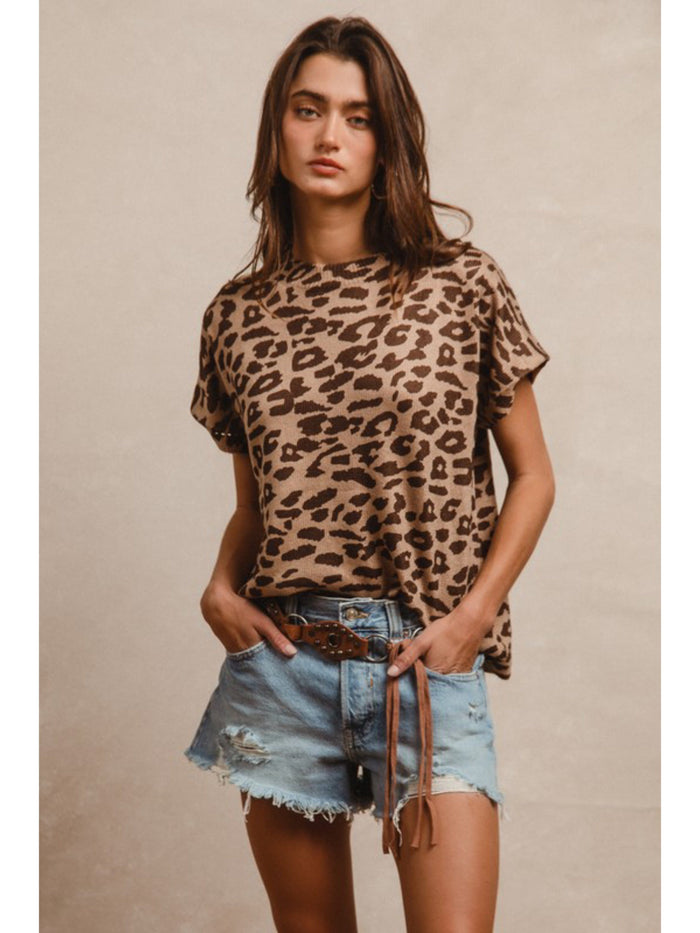LEOPARD TOP SHORT SLEEVE-BROWN