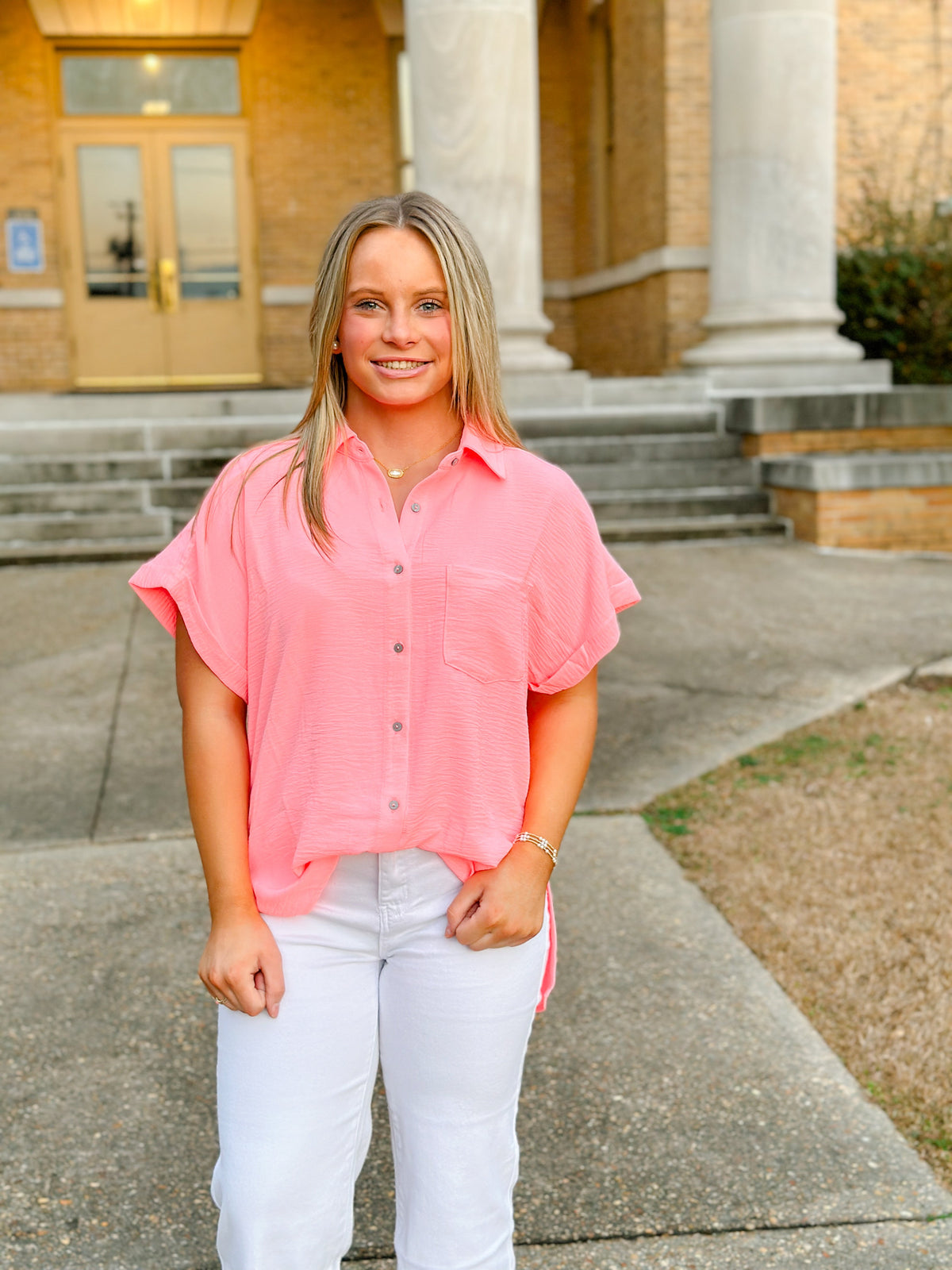 MINDY AIR FLOW WOVEN BUTTON SHIRT-BRIGHT PINK