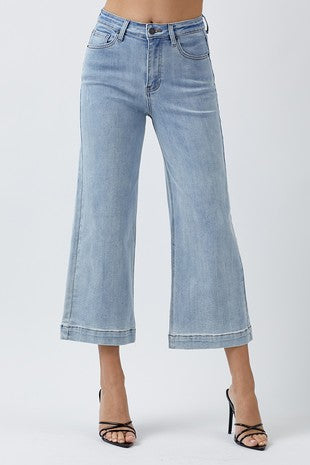 ROWDY HIGH RISE WIDE LEG ANKLE JEANS-LIGHT WASH (Risen Brand)