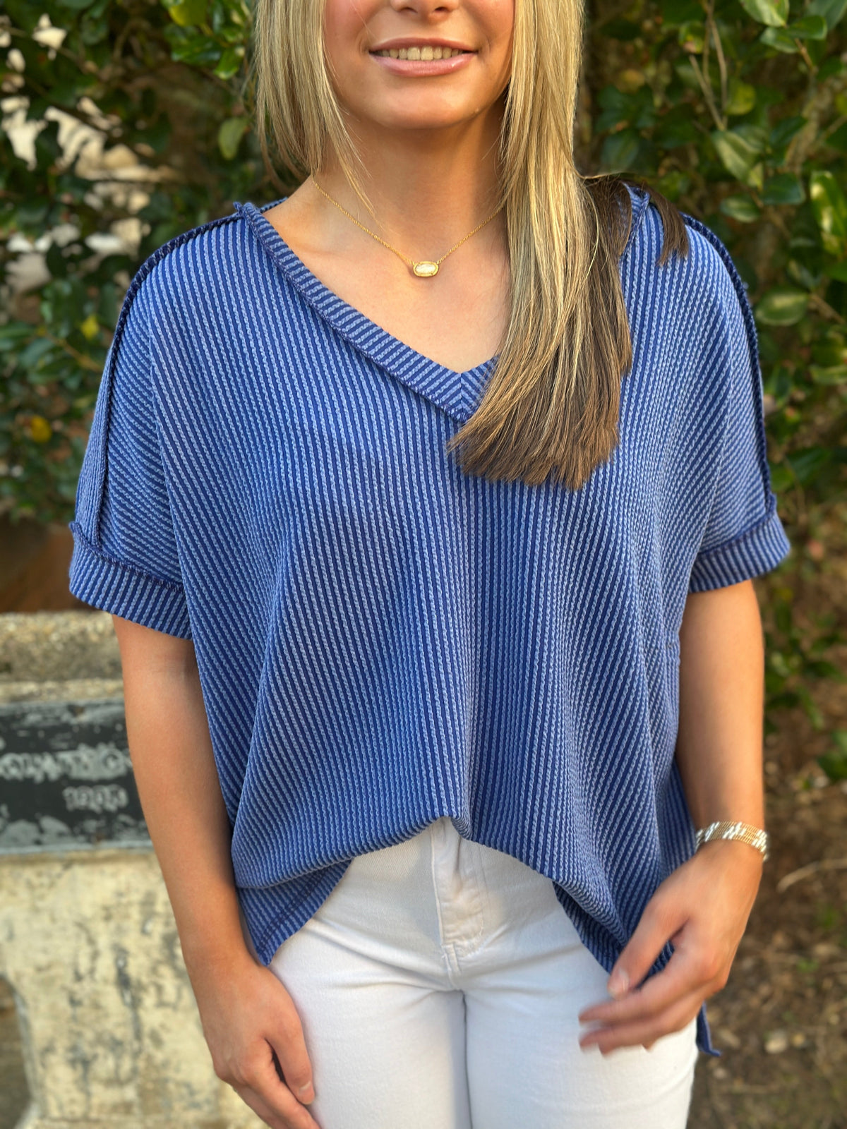 BAILEY RIBBED SHORT SLEEVE V-NECK TOP-CLASSIC BLUE