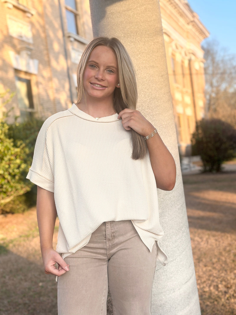 WRINLEY RIBBED SHORT SLEEVE ROUND NECK TOP-CREAM