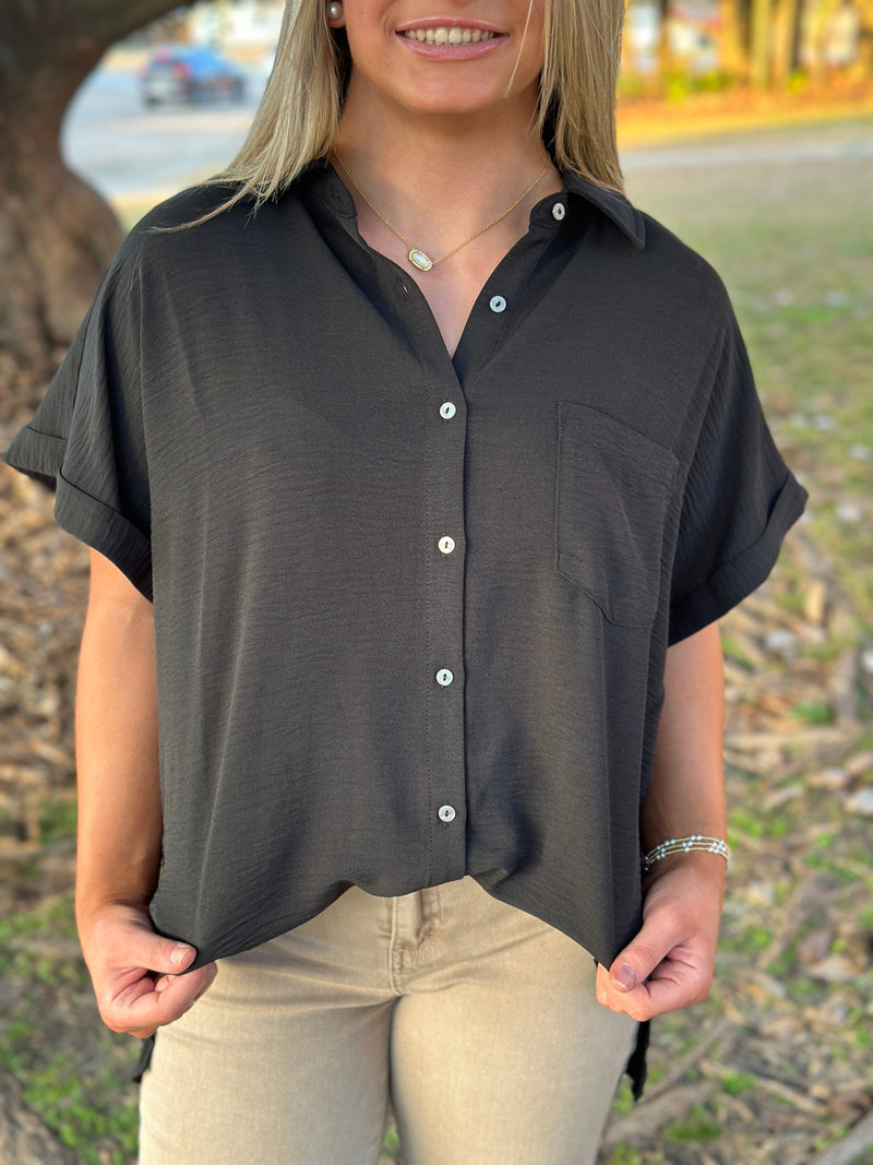 MINDY AIR FLOW WOVEN BUTTON SHIRT-BLACK