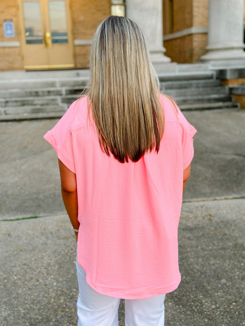 MINDY AIR FLOW WOVEN BUTTON SHIRT-BRIGHT PINK