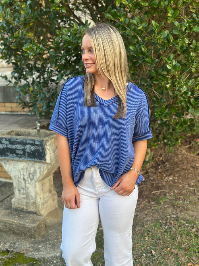 BAILEY RIBBED SHORT SLEEVE V-NECK TOP-CLASSIC BLUE