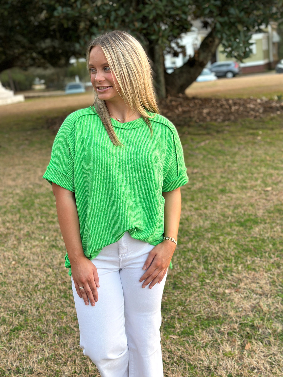 WRINLEY RIBBED SHORT SLEEVE ROUND NECK TOP-GREEN