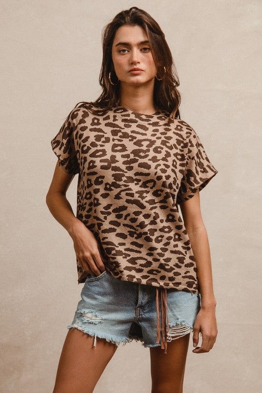 LEOPARD TOP SHORT SLEEVE-BROWN