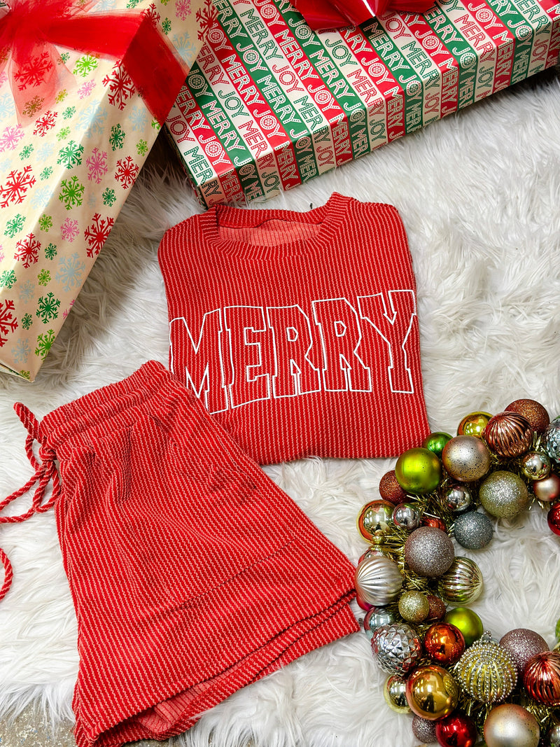 MERRY RIBBED PAJAMA SET-RED