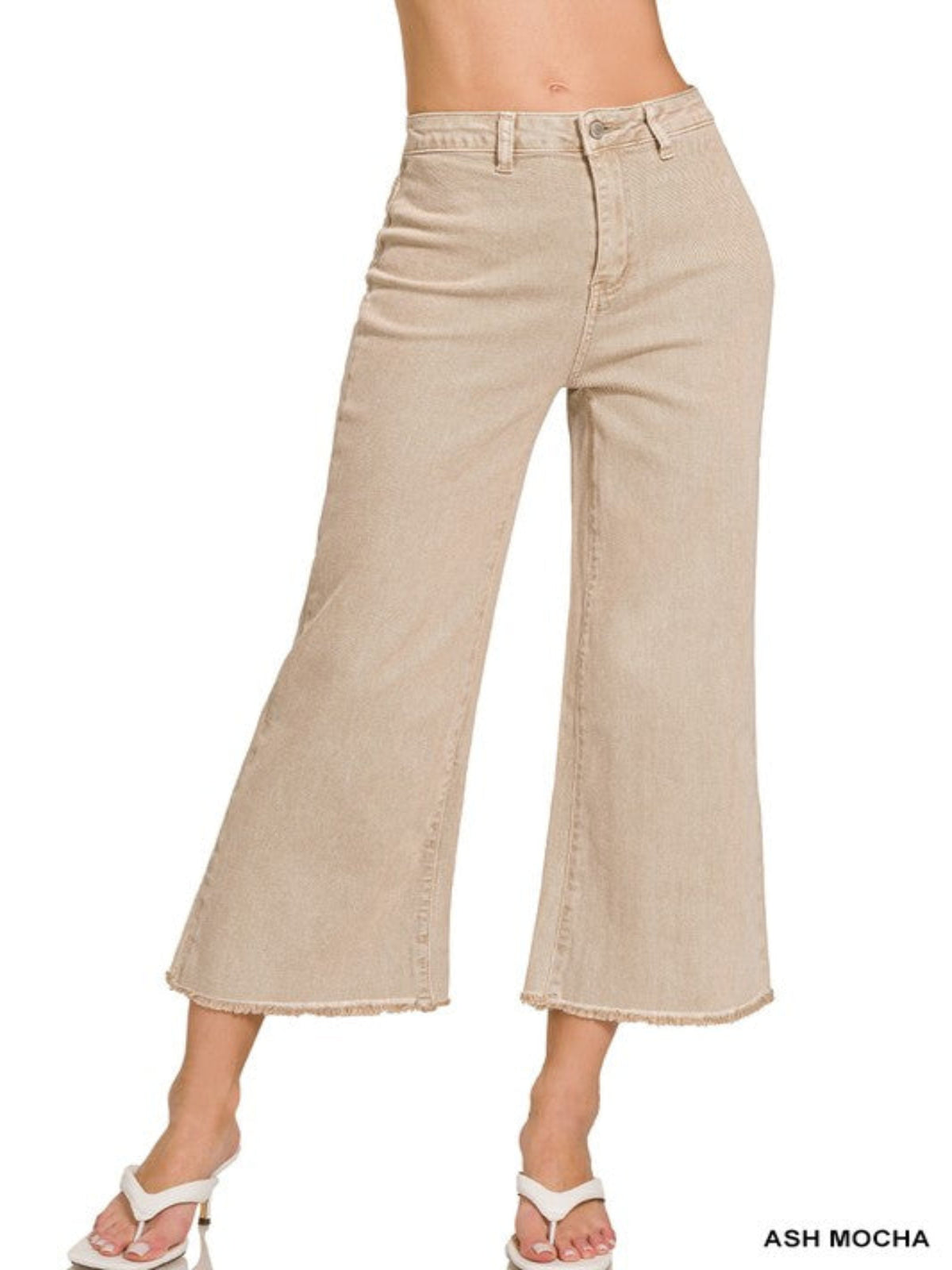 high waist cropped pants mocha frayed hem