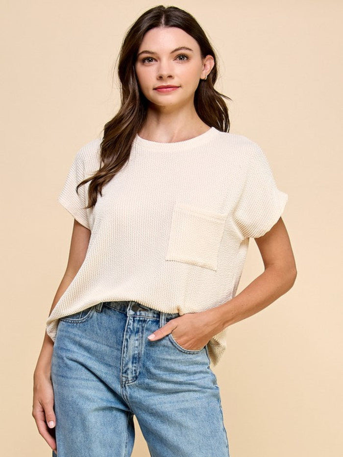 KAYLA RIBBED POCKET TOP-EGGSHELL