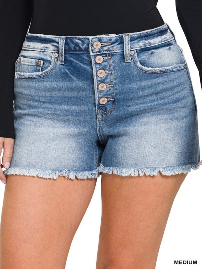 SASSY BUTTON FLY DENIM SHORTS-MEDIUM WASH