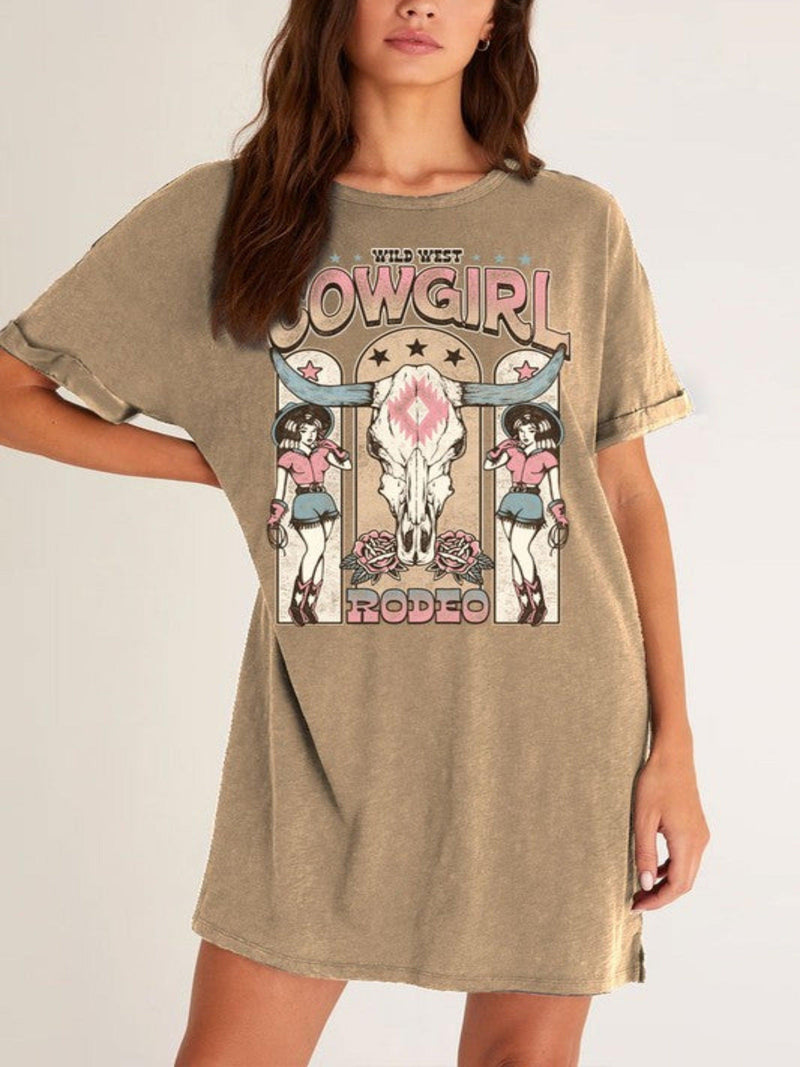 WILD WEST COWGIRL GRAPHIC DRESS-MINERAL TAUPE