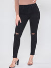 BUTTON DISTRESSED SKINNY JEANS-BLACK