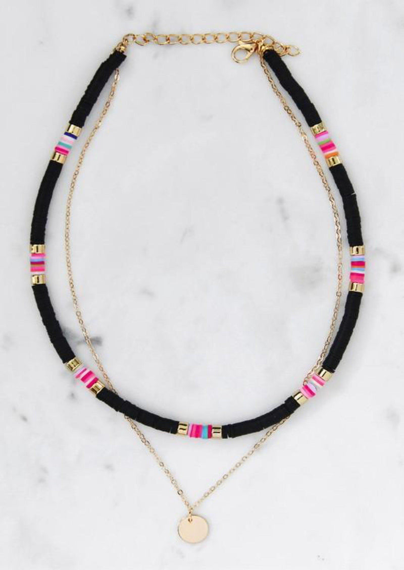 COLORED BEAD NECKLACE WITH LAYERED DISC-BLACK-Funky Shoes Laurel