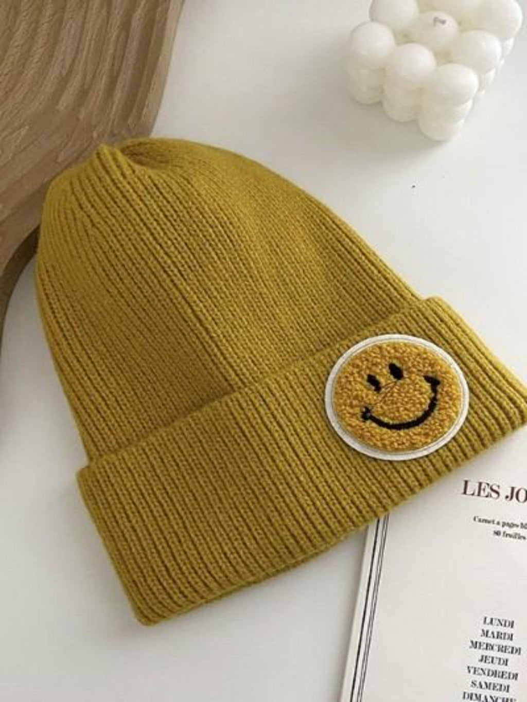 SMILEY FACE BEANIE-MUSTARD-Funky Shoes Laurel