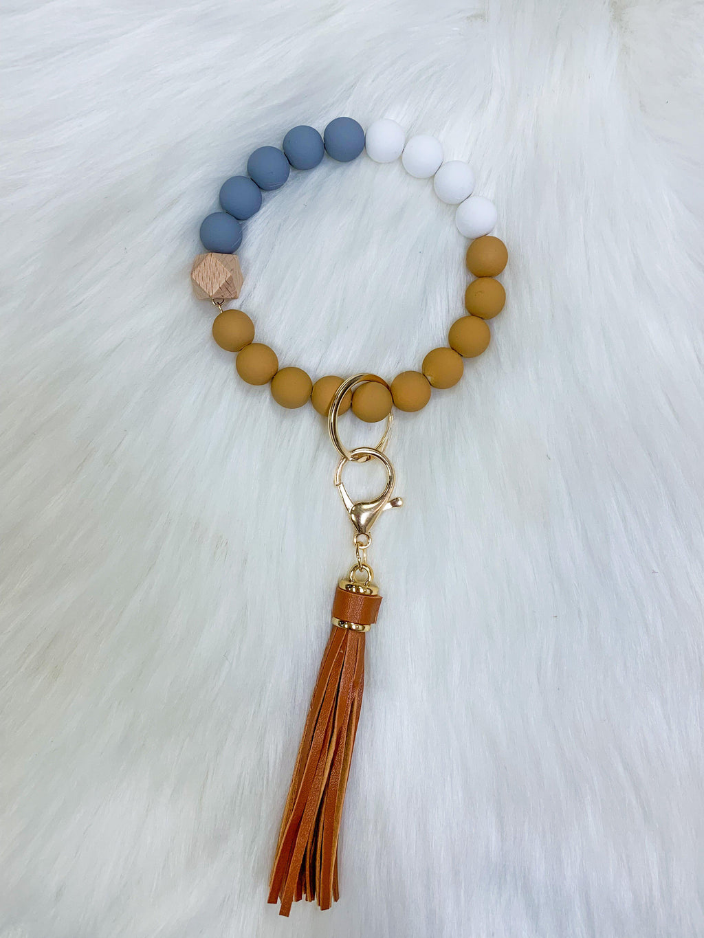 WOODEN BEADED KEY CHAIN WITH TASSEl-BROWN-Funky Shoes Laurel